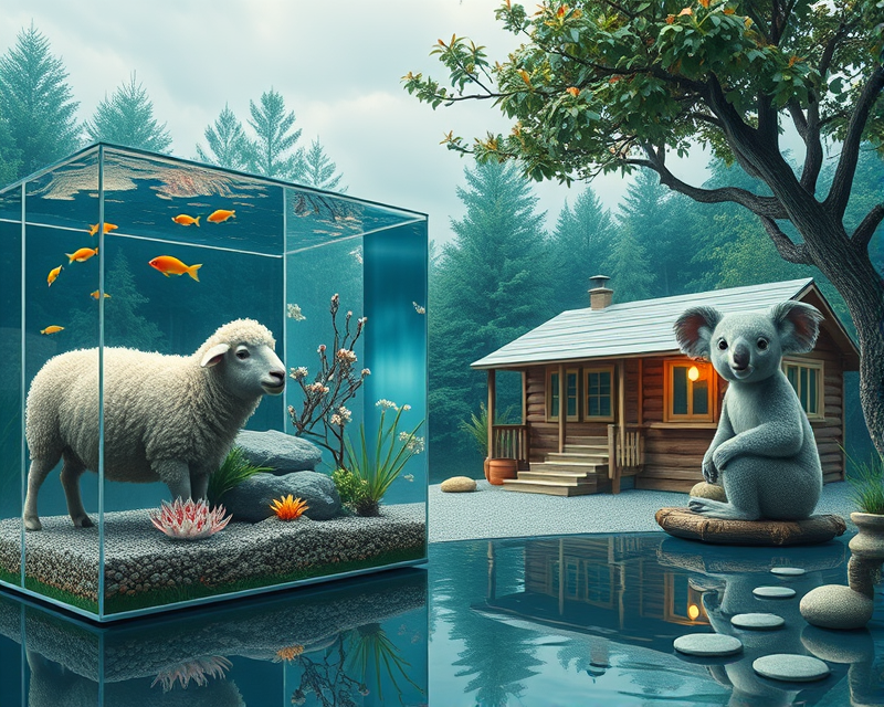 fish tank, sheep, potato chip, cabin, koala